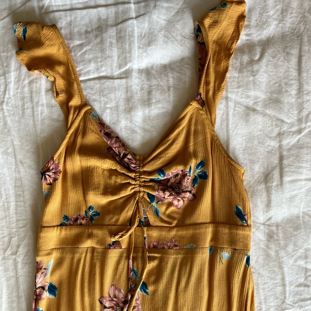 Ruffle sleeve tank top dress with cutout at scrunch, mustard floral, size M